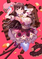 Rule 34 | 1girl, :i, absurdres, brown eyes, brown hair, cake, candy, chocolate, doughnut, dress, food, food-themed hair ornament, food on face, frills, gloves, hair ornament, highres, idolmaster, idolmaster shiny colors, long hair, looking at viewer, pantyhose, pink dress, pocky, puni (punycolors), red background, ribbon, sonoda chiyoko, strawberry hair ornament, sweatdrop, underbust, wand, white gloves, white pantyhose