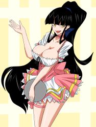 Rule 34 | 1girl, absurdres, alternate hairstyle, apron, ashcape, black hair, bow, breasts, choker, cleavage, corset, cosplay, female protagonist (houkago play), frills, highres, houkago play, large breasts, leg ribbon, long hair, open mouth, ponytail, ribbon, slit pupils, solo, thigh ribbon, tray, very long hair, viper v16, waist apron, waitress, yellow eyes