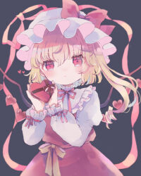 Rule 34 | 1girl, alternate wings, blonde hair, box, commentary, flandre scarlet, frilled shirt collar, frills, gift, gift box, hat, hat ribbon, heart-shaped box, hiyuu (hiyualice), long sleeves, mob cap, one side up, red eyes, red ribbon, red skirt, ribbon, skirt, touhou, wings