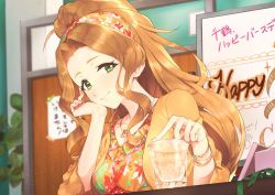 Rule 34 | 1girl, ahoge, blurry, blurry background, board, box, bracelet, brown hair, closed mouth, collarbone, commentary request, cup, drinking glass, fingernails, floral print, frilled shirt, frills, gift, gift box, glint, green eyes, hair intakes, hairband, hand on own cheek, hand on own face, hand up, head tilt, heart, heart pendant, high ponytail, highres, hitoto, idolmaster, idolmaster million live!, idolmaster million live! theater days, indoors, jacket, jewelry, light blush, light particles, long hair, looking at viewer, necklace, nikaidou chizuru, open box, open clothes, open jacket, orange hairband, orange jacket, orange shirt, pendant, plant, ponytail, potted plant, print hairband, print shirt, shirt, sidelocks, sleeves past elbows, smile, solo, upper body