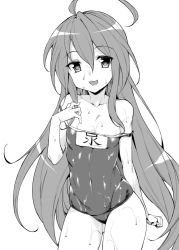 Rule 34 | 1girl, :3, :d, ahoge, arm behind back, bare shoulders, clenched hand, collarbone, covered navel, cowboy shot, flat chest, greyscale, hair between eyes, hand on own chest, happy, izumi konata, long hair, lucky star, mole, mole under eye, monochrome, mushi024, name tag, old school swimsuit, one-piece swimsuit, open mouth, parted bangs, school swimsuit, shiny clothes, sidelocks, simple background, skin tight, smile, standing, strap slip, swimsuit, thighs, very long hair, wet, wet clothes