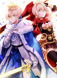 Rule 34 | 10s, 2girls, aestus estus, ahoge, armor, armored dress, artoria pendragon (all), artoria pendragon (fate), black legwear, blonde hair, bow, breasts, cape, cleavage, cleavage cutout, clothing cutout, crown, excalibur (fate/stay night), fate/extra, fate/extra ccc, fate/stay night, fate (series), faulds, fur trim, gauntlets, glowing, glowing sword, glowing weapon, green eyes, hair bow, hair ribbon, multiple girls, nero claudius (fate), nero claudius (fate) (all), nero claudius (fate/extra), official alternate costume, petals, ribbon, saber (fate), short hair, simple background, sword, thighhighs, weapon, wowishi