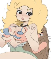 Rule 34 | artist request, bikini, blonde hair, blush, grabbing another&#039;s breast, breasts squeezed together, breasts, brown eyes, captain caveman, choker, grabbing, groping, large breasts, makeup, mcintosh draws, original, pale skin, squeezing, swimsuit, zipper