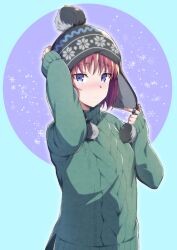Rule 34 | 1girl, alternate costume, aran sweater, azami masurao, black hat, blue eyes, blush, cable knit, chullo, closed mouth, commentary request, green sweater, hand on own head, hat, highres, hisui (tsukihime), long sleeves, looking at viewer, red hair, short hair, sleeves past wrists, solo, sweater, tsukihime, turtleneck, turtleneck sweater, winter clothes