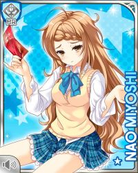 Rule 34 | 1girl, :o, arm up, blue background, blue bow, blue skirt, bow, braid, brown eyes, brown hair, card, character name, closed mouth, girlfriend (kari), holding, jacket, long hair, miyoshi nao, official art, plaid, plaid skirt, qp:flapper, shirt, sitting, skirt, solo, sweater vest, tagme, tired, white shirt, yellow sweater vest
