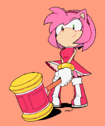 Rule 34 | 1girl, aimf, amy rose, animal ears, animal nose, artist name, bare shoulders, body fur, boots, breasts, closed mouth, dress, female focus, full body, furry, furry female, green eyes, hammer, happy, holding, holding hammer, knee boots, looking at viewer, own hands together, toy hammer, pink fur, pink hair, red background, red dress, red footwear, short dress, short hair, sidelocks, sideways mouth, signature, simple background, sleeveless, sleeveless dress, small breasts, smile, solo, sonic (series), standing, two-handed