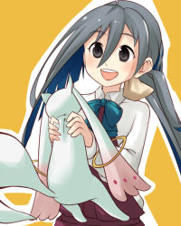 Rule 34 | 10s, 1girl, :d, asymmetrical bangs, bow, bowtie, carrying, commentary request, crossover, error musume, girl holding a cat (kancolle), grey eyes, grey hair, hair between eyes, hair ribbon, kantai collection, kiyoshimo (kancolle), kyubey, low twintails, mahou shoujo madoka magica, mahou shoujo madoka magica (anime), multicolored hair, open mouth, ribbon, smile, twintails, yamaarashit, yamashita pakaa, yellow background