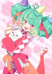 1girl absurdres ahoge blush carnie_(coni_confetti) clown commission coni_confetti facial_mark feet gradient_hair green_hair hat heart heart_ahoge highres hinata_hirune idol_corp leg_up looking_at_viewer mascot multicolored_hair navel neck_ruff open_mouth orange_pantyhose orange_ribbon pantyhose party_hat pink_background pink_eyes red_pantyhose red_ribbon ribbon sharp_teeth simple_background teeth third-party_source toeless_legwear toes triangle triangle_facial_mark two-tone_pantyhose upper_teeth_only virtual_youtuber