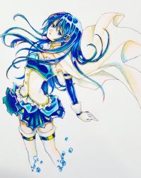Rule 34 | absurdres, alternate hair length, alternate hairstyle, blue skirt, bubble, cape, detached sleeves, dissolving, fortissimo, gloves, gradient background, hair ornament, highres, long hair, looking at viewer, magical girl, mahou shoujo madoka magica, mahou shoujo madoka magica (anime), mahou shoujo madoka magica movie 1 &amp; 2, miki sayaka, musical note, musical note hair ornament, parted lips, sideways glance, simple background, skirt, solo, tagme, white cape, white gloves
