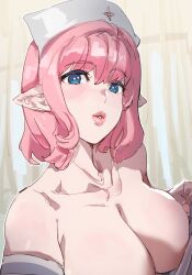 Rule 34 | 1girl, blue eyes, blush, bow (bhp), breasts, cleavage, elf, hat, large breasts, looking at viewer, medium hair, nurse, nurse cap, original, parted lips, pointy ears, puckered lips, solo, white hat