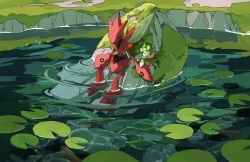Rule 34 | arm support, creatures (company), day, closed eyes, fomantis, game freak, gen 2 pokemon, gen 7 pokemon, highres, lily pad, moss, nintendo, no humans, outdoors, pincers, pokemon, pokemon (creature), rock, scizor, sitting, soaking feet, two pokemon, water