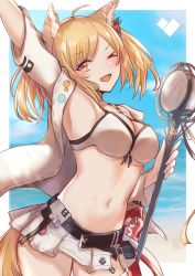 Rule 34 | 1girl, absurdres, ahoge, animal ears, arknights, arm up, beach, bikini, blonde hair, cowboy shot, fang, female focus, flower, hair flower, hair ornament, highres, holding, holding microphone, jacket, looking at viewer, medium hair, microphone, miniskirt, navel, official alternate costume, one eye closed, open clothes, open jacket, orange eyes, outdoors, skirt, solo, sora (arknights), sora (summer flowers) (arknights), standing, swimsuit, swimsuit cover-up, tail, tsyn, white bikini, white jacket, white skirt, wolf ears, wolf tail