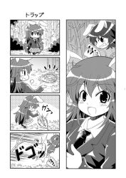 Rule 34 | 2girls, 4koma, :&gt;, ^ ^, animal ears, bamboo, bamboo forest, rabbit ears, closed eyes, colonel aki, comic, evil grin, evil smile, closed eyes, bear trap, forest, greyscale, grin, hair between eyes, inaba tewi, long hair, monochrome, multiple girls, nature, o..o, o o, open mouth, reisen udongein inaba, smile, surprised, sweat, sweatdrop, touhou
