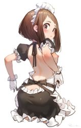 Rule 34 | 1girl, :o, alternate costume, ass, bare back, blush, boku no hero academia, breasts, breasts out, brown eyes, brown hair, enmaided, frilled gloves, frills, gloves, looking at viewer, looking back, maid, maid headdress, matching hair/eyes, medium breasts, nipples, nude filter, parted lips, puffy short sleeves, puffy sleeves, ryota (ry o ta), short hair with long locks, short sleeves, sidelocks, simple background, solo, third-party edit, turning head, uraraka ochako, white background, white gloves