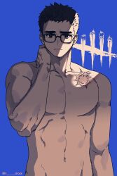 Rule 34 | 1boy, black eyes, black hair, commentary request, dead by daylight, dwight fairfield, facial scar, frown, glasses, hand on own neck, highres, korean commentary, male focus, muscular, muscular male, navel, nude, pectorals, scar, scar on cheek, scar on face, solo, tongchock, twitter username