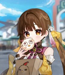 Rule 34 | 1girl, bag, baozi, bell, blunt bangs, blurry, breasts, brown eyes, brown hair, carrying, chinese clothes, cleavage, commentary, depth of field, eating, food, hair bell, hair ornament, hair ribbon, highres, holding, holding food, honkai: star rail, honkai (series), looking at viewer, medium breasts, miyako draw, outdoors, paper bag, parted bangs, ribbon, sleeveless, solo, sushang (honkai: star rail), twintails