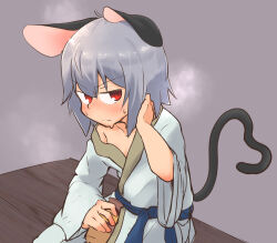 Rule 34 | 1girl, alternate costume, animal ears, belt, blue belt, blush, bottle, closed mouth, commentary request, cowboy shot, expressionless, flat chest, greenpiecerice, grey background, grey hair, hair between eyes, hand on own neck, highres, holding, holding bottle, japanese clothes, kimono, long bangs, looking at viewer, mouse ears, mouse girl, mouse tail, nazrin, off shoulder, red eyes, short hair, solo, sweat, tail, tokkuri, touhou, v-shaped eyebrows, white kimono, wooden floor