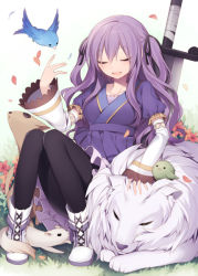Rule 34 | 1girl, arm warmers, bird, black pantyhose, boots, cross-laced footwear, closed eyes, ferret, flower, fox, hair ribbon, headpat, hijiri (resetter), lion, long hair, open mouth, original, pantyhose, petals, planted, planted sword, planted weapon, puffy short sleeves, puffy sleeves, ribbon, shirt, short sleeves, sitting, skirt, smile, solo, sword, twintails, two side up, very long hair, weapon