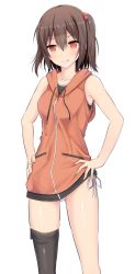 Rule 34 | 10s, 1girl, :q, alternate costume, asymmetrical legwear, bare shoulders, brown eyes, brown hair, casual, clothes lift, commentary, cowboy shot, gluteal fold, hair between eyes, hair bobbles, hair ornament, hands on own hips, hood, hood down, hoodie, hoodie lift, kantai collection, open mouth, panties, pantyshot, sendai (kancolle), side-tie panties, simple background, single thighhigh, sleeveless, smile, solo, standing, takeyuu, thigh gap, thighhighs, thighs, tongue, tongue out, underwear, uneven legwear, white background