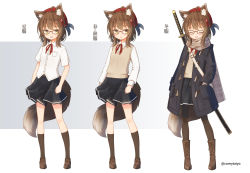 Rule 34 | 1girl, :d, ^ ^, absurdres, ahoge, animal ear fluff, animal ears, beret, black coat, black feathers, black skirt, blush, boots, brown footwear, brown hair, brown scarf, brown socks, closed eyes, coat, collared shirt, coreytaiyo, cross-laced footwear, dated, dress shirt, facing viewer, feathers, full body, glasses, green eyes, hand in pocket, hat, hat feather, highres, kneehighs, lace-up boots, loafers, long sleeves, looking at viewer, multiple views, neck ribbon, open clothes, open coat, open mouth, original, pantyhose, plaid, plaid scarf, pleated skirt, red-framed eyewear, red headwear, red ribbon, ribbon, scarf, school uniform, shirt, shoes, short sleeves, signature, skirt, smile, socks, standing, sweater vest, tail, variations, white shirt