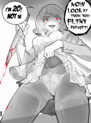 Rule 34 | 1girl, ashley graham, blood, breasts, capcom, clothes lift, greyscale, holding, holding knife, knife, large breasts, long sleeves, looking at viewer, monochrome, neoyoshi eg, out of character, pantyhose, red eyes, resident evil, resident evil 4, resident evil 4 (remake), shirt, skirt, skirt lift, solo, turtleneck, underwear