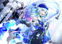 Rule 34 | 1boy, arknights, bare shoulders, black gloves, black shirt, black shorts, blue hair, blue umbrella, commentary request, different reflection, elbow gloves, gloves, gradient hair, hair between eyes, highres, holding, holding umbrella, jellyfish, long hair, male focus, mizuki (arknights), multicolored hair, pink hair, red eyes, reflection, see-through, shirt, shorts, sleeveless, sleeveless shirt, solo, tentacles, toritoki (1301237579), transparent, transparent umbrella, umbrella, very long hair, water