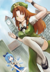 Rule 34 | 2girls, alternate eye color, arm up, black footwear, blue eyes, blue skirt, blue vest, bow, braid, breasts, cirno, clock, clock tower, collared shirt, dutch angle, covered erect nipples, food, green skirt, green vest, hair bow, highres, hip focus, hong meiling, ice, ice wings, jitome, leg up, long hair, long skirt, medium breasts, multiple girls, nail polish, popsicle, red hair, red nails, ribbon, scarlet devil mansion, shirt, shoes, short hair, short sleeves, side slit, skirt, stance, standing, standing on one leg, star (symbol), thighs, tomoichi, touhou, tower, twin braids, vest, white legwear, white shirt, wings, wristband, yellow eyes