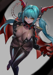 Rule 34 | 1girl, aqua hair, azur lane, black gloves, black leotard, black thighhighs, bodystocking, breasts, cleavage, covered navel, cross, dragon horns, dragon tail, dragon wings, elbow gloves, gloves, hair between eyes, hand on own hip, highres, horns, iron cross, large breasts, leotard, long hair, looking at viewer, mechanical horns, mechanical tail, open mouth, pointy ears, regensburg (azur lane), see-through, see-through cleavage, shoulder spikes, sidelocks, simple background, skindentation, slit pupils, smile, solo, spikes, standing, standing on one leg, tail, thighhighs, twintails, wings, yellow eyes, yojo (yaojiu)
