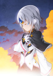 Rule 34 | 1girl, another code (elsword), capelet, cloud, cloudy sky, elsword, eve (elsword), closed eyes, facial mark, forehead jewel, gloves, hand on own chest, night, night sky, ress, short hair, silver hair, sky, solo, star (symbol)