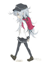 Rule 34 | 10s, 1girl, anchor symbol, arms at sides, backpack, bag, black hat, black pantyhose, black skirt, blue eyes, brown footwear, core (mayomayo), flat cap, from side, full body, hat, hibiki (kancolle), holding, holding behind back, kantai collection, loafers, long hair, long sleeves, messy hair, pantyhose, pleated skirt, profile, roman numeral, sailor collar, school bag, school uniform, serafuku, shoes, silver hair, skirt, solo, walking