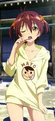 Rule 34 | 1girl, ;o, absurdres, clothes pull, highres, hood, hoodie, isshiki akane, long image, non-web source, nyantype, official art, one eye closed, orange eyes, red hair, sano keiichi, scan, shirt, shirt pull, short hair, solo, stick poster, tall image, toothbrush, vividred operation, wink