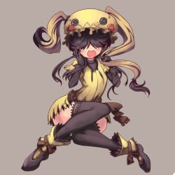 Rule 34 | 1girl, :d, animal hat, black footwear, black gloves, black hair, black thighhighs, blush, borokuro, creatures (company), crossed knees, game freak, gen 7 pokemon, gloves, hair over eyes, hat, highres, mimikyu, nintendo, open mouth, personification, pokemon, shoes, sitting, smile, solo, thighhighs