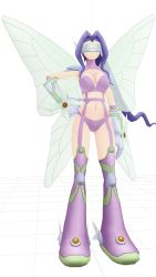 Rule 34 | 3d, belt, bikini, blush, boots, bra, breasts, butterfly wings, butterfly wings gauntlets, cleavage, digimon, digimon frontier, fairimon, garter straps, gauntlets, hand on own hip, highres, insect wings, lingerie, long hair, medium breasts, mikumikudance (medium), navel, panties, purple bikini, purple bra, purple hair, purple panties, shoulder pads, swimsuit, underwear, visor (armor), wings