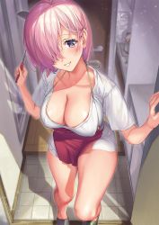 Rule 34 | 1girl, alternate costume, apron, bare legs, breasts, cleavage, commentary request, door, doorway, fate/grand order, fate (series), hair over one eye, highres, ladle, large breasts, light purple hair, mash kyrielight, pink hair, pov doorway, purple eyes, purple hair, sage joh, shirt, short hair, slippers, smile, stove, t-shirt, thighs, tile floor, tiles