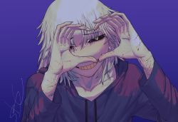 Rule 34 | 1boy, black eyes, black sclera, bleeding, blood, blood on arm, blood on hands, blue background, collarbone, colored sclera, eyes visible through hair, fingernails, grey hair, heart, heart hands, heterochromia, highres, hood, hood down, hoodie, long fingernails, long hair, male focus, original, parted lips, self-harm, signature, simple background, smallbcarly, smile, solo, upper body, yellow eyes, yellow sclera, yellow teeth