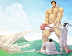 Rule 34 | 4boys, bara, blush, breath, brown hair, chest hair, cloud, cloudy sky, completely nude, cum, ejaculation, facial hair, full body, giant, giant male, headband, highres, hill, huge penis, large pectorals, leg hair, male focus, male masturbation, male pubic hair, masturbation, multiple boys, muscular, muscular male, navel hair, nipples, nude, on shoulder, original, pants, pants rolled up, pectorals, penis, pickaxe, projectile cum, pubic hair, short hair, sitting, sky, spread legs, stomach, stubble, testicles, thick thighs, thighs, veins, veiny penis, winemvee, yaoi