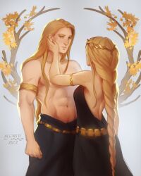 Rule 34 | 1boy, 1girl, abs, aconitte, arm up, armlet, arms at sides, backless dress, backless outfit, bare arms, bare back, bare pectorals, bare shoulders, black dress, black skirt, blonde hair, bracelet, braid, branch, crown, diadem, dress, elden ring, facing away, facing viewer, godwyn the golden, gold belt, gold bracelet, gold diadem, grey background, hand on another&#039;s cheek, hand on another&#039;s face, highres, jewelry, leaf, long braid, long hair, looking at another, metal belt, mother and son, muscular, muscular male, parent and child, pectorals, prince, queen, queen marika the eternal, single braid, skirt, sleeveless, sleeveless dress, topless male, very long hair, yellow eyes, yellow leaves