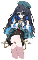 Rule 34 | 1girl, bare shoulders, beret, black hair, blue-tinted eyewear, blue hair, buttons, colored inner hair, commentary request, crossed legs, double-breasted, eyeliner, fate/grand order, fate (series), green hat, green jacket, hat, highres, jacket, jewelry, long hair, makeup, moyashi (tenor366), multicolored hair, neck ring, o-ring, round eyewear, sitting, solo, sunglasses, tenochtitlan (fate), tenochtitlan (second ascension) (fate), tinted eyewear, wavy hair, zipper