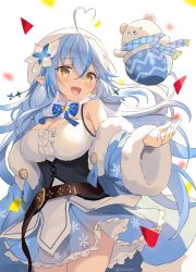 Rule 34 | 1girl, absurdres, ahoge, akamoku, bear, belt, beret, blouse, blue bow, blue bowtie, blue coat, blue hair, blue nails, blue skirt, bow, bowl, bowtie, braid, breasts, bustier, center opening, cleavage, cleavage cutout, clothing cutout, coat, commentary request, confetti, corset, cowboy shot, daifuku (yukihana lamy), detached sleeves, dress, fingernails, flower, fur-trimmed coat, fur-trimmed sleeves, fur trim, hair between eyes, hair flower, hair ornament, hat, heart, heart ahoge, highres, hololive, large breasts, light blue hair, long hair, looking at another, medium breasts, miniskirt, multicolored hair, nail polish, off shoulder, open mouth, plaid, plaid bow, plaid bowtie, plaid neckwear, pleated skirt, pointy ears, scarf, shirt, simple background, skirt, sleeveless, sleeveless shirt, smile, snowflake hair ornament, snowflake print, solo, streaked hair, thighs, twitter username, two-tone hair, very long hair, virtual youtuber, white background, white dress, white hat, white shirt, wide sleeves, yellow eyes, yukihana lamy