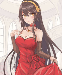 Rule 34 | 1girl, ahoge, alternate costume, arm warmers, bare shoulders, black hair, bow, breasts, cleavage, commentary request, cowboy shot, dress, flower, gensoukitan, hairband, haruna (kancolle), highres, kantai collection, long hair, looking at viewer, medium breasts, orange eyes, orange hairband, red bow, red dress, red flower, red rose, rose, skirt hold, solo, strapless, strapless dress, window