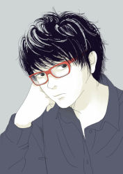 Rule 34 | 1boy, black eyes, black hair, blue background, blue shirt, collared shirt, glasses, grey background, head on hand, head rest, long sleeves, looking at viewer, male focus, messy hair, original, re:i, red-framed eyewear, shirt, simple background, solo, upper body