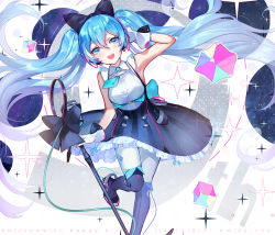 Rule 34 | 1girl, :d, black bow, blue eyes, blue hair, blue necktie, bow, copyright name, floating hair, gloves, hair between eyes, hair bow, hand in own hair, hatsune miku, head tilt, headphones, leaning forward, leg up, long hair, magical mirai (vocaloid), magical mirai miku, magical mirai miku (2016), microphone stand, necktie, open mouth, pantyhose, shirt, short necktie, smile, solo, standing, standing on one leg, twintails, very long hair, vhumiku, vocaloid, white gloves, white pantyhose, white shirt