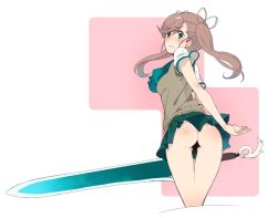 Rule 34 | 1girl, ass, bad id, bad twitter id, blush, brown hair, clenched teeth, cropped legs, emura (merararara), from behind, green eyes, mk (masatusaboten), nanase (under night in-birth), skirt, solo, sweater vest, sword, tears, teeth, thigh gap, twintails, under night in-birth, weapon