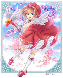 Rule 34 | 1990s (style), 1girl, :d, ahoge, blue eyes, bow, brown hair, cardcaptor sakura, cherry blossoms, dress, flower, frilled skirt, frills, full body, fuuin no tsue, gloves, green eyes, hat, highres, kinomoto sakura, magical girl, mary janes, multicolored eyes, open mouth, petals, pink hat, puffy short sleeves, puffy sleeves, red footwear, retro artstyle, ribbon, shoes, short hair, short sleeves, skirt, smile, socks, solo, sparkle, teeth, wand, white gloves, white socks, wings, zenyu