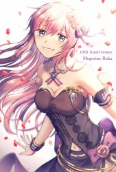 Rule 34 | 1girl, arm strap, black skirt, blue eyes, breasts, character name, choker, cleavage, collarbone, floating hair, flower, grin, hair between eyes, hair flower, hair ornament, hair ribbon, leaning forward, long hair, looking at viewer, medium breasts, megurine luka, megurine luka (vocaloid4), midriff, nanase (nns 6077), navel, outstretched hand, pink hair, pink ribbon, ribbon, skirt, sleeveless, smile, solo, standing, stomach, striped, very long hair, vocaloid, white background, yellow flower