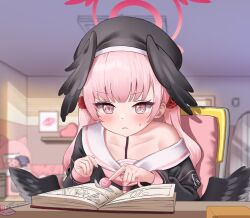 Rule 34 | 1girl, animal, beret, black hat, black shirt, black wings, blue archive, blush, book, closed mouth, collarbone, commentary, fingernails, halo, hat, head wings, indoors, ine (ineinnen), koharu (blue archive), long hair, long sleeves, open book, pink eyes, pink hair, red halo, sailor collar, sailor shirt, shirt, snail, solo, twintails, white sailor collar, wings