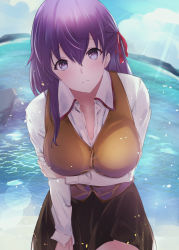 Rule 34 | 1girl, black skirt, breast rest, breasts, brown vest, cleavage, closed mouth, collarbone, collared shirt, day, dress shirt, fate/stay night, fate (series), frown, hair between eyes, hair ribbon, head tilt, highres, homurahara academy school uniform, king ekaki, large breasts, lens flare, long hair, looking at viewer, matou sakura, medium breasts, miniskirt, ocean, outdoors, partially unbuttoned, pleated skirt, purple eyes, purple hair, red ribbon, ribbon, school uniform, shirt, skirt, solo, summer, sunlight, vest, wet, wet clothes, wet shirt, white shirt, wing collar