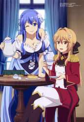 Rule 34 | 2girls, :d, absurdres, apple pie, black footwear, blonde hair, blue dress, blue eyes, blue hair, boots, bow, braid, breasts, chair, cleavage, collarbone, crossed legs, cup, curtains, dirndl, dress, epaulettes, female focus, flower, food, genjitsu shugi yuusha no oukoku saikenki, german clothes, hair between eyes, hair flower, hair intakes, hair ornament, hairclip, highres, holding, holding cup, holding saucer, holding teapot, jacket, juna doma, liscia elfrieden, long hair, long sleeves, looking at viewer, matching hair/eyes, medium breasts, megami magazine, military, military uniform, multiple girls, official art, one eye closed, open mouth, pants, pie, plate, promotional art, red jacket, saucer, scan, short sleeves, sidelocks, sitting, skirt, smile, standing, sword, table, teacup, teapot, thigh boots, thighhighs, uniform, very long hair, weapon, white pants, window, wink, yellow eyes