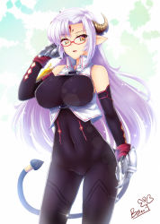 Rule 34 | 1girl, bare shoulders, bodysuit, breasts, butter-t, covered navel, demon girl, demon tail, elbow gloves, female focus, forehead jewel, gauntlets, glasses, gloves, horns, impossible clothes, large breasts, lens flare, long hair, monster girl, open mouth, original, pointy ears, silver hair, solo, tail, tail ornament, yellow eyes