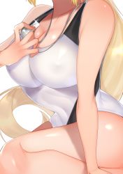 Rule 34 | 1girl, breasts, cleavage, close-up, competition swimsuit, covered erect nipples, fate/apocrypha, fate/grand order, fate (series), hanapi (happ03nanana03), head out of frame, highres, jeanne d&#039;arc (fate), jeanne d&#039;arc (ruler) (fate), jeanne d&#039;arc (swimsuit archer) (fate), jeanne d&#039;arc (swimsuit archer) (second ascension) (fate), large breasts, long hair, one-piece swimsuit, out of frame, ponytail, shiny clothes, shiny skin, simple background, sitting, solo, swimsuit, whistle, whistle around neck, white background, white one-piece swimsuit